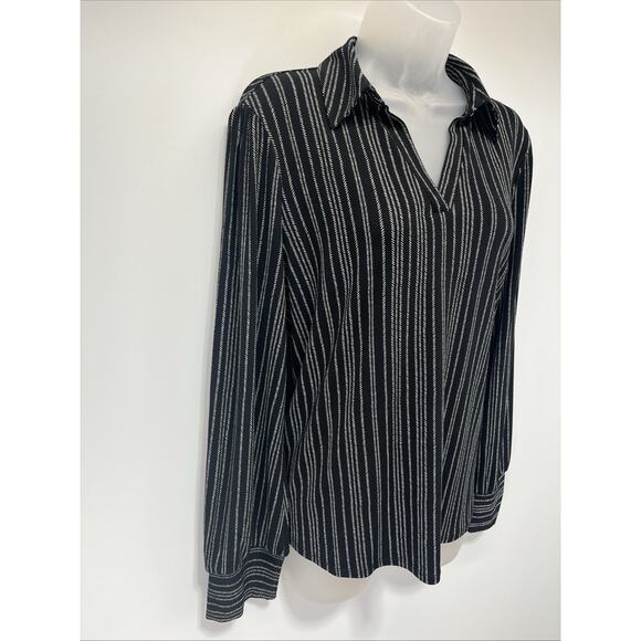 Adrianna Papell Women's Print Collared Stripe V-Neck Knit Top Black Large - Picture 3 of 8